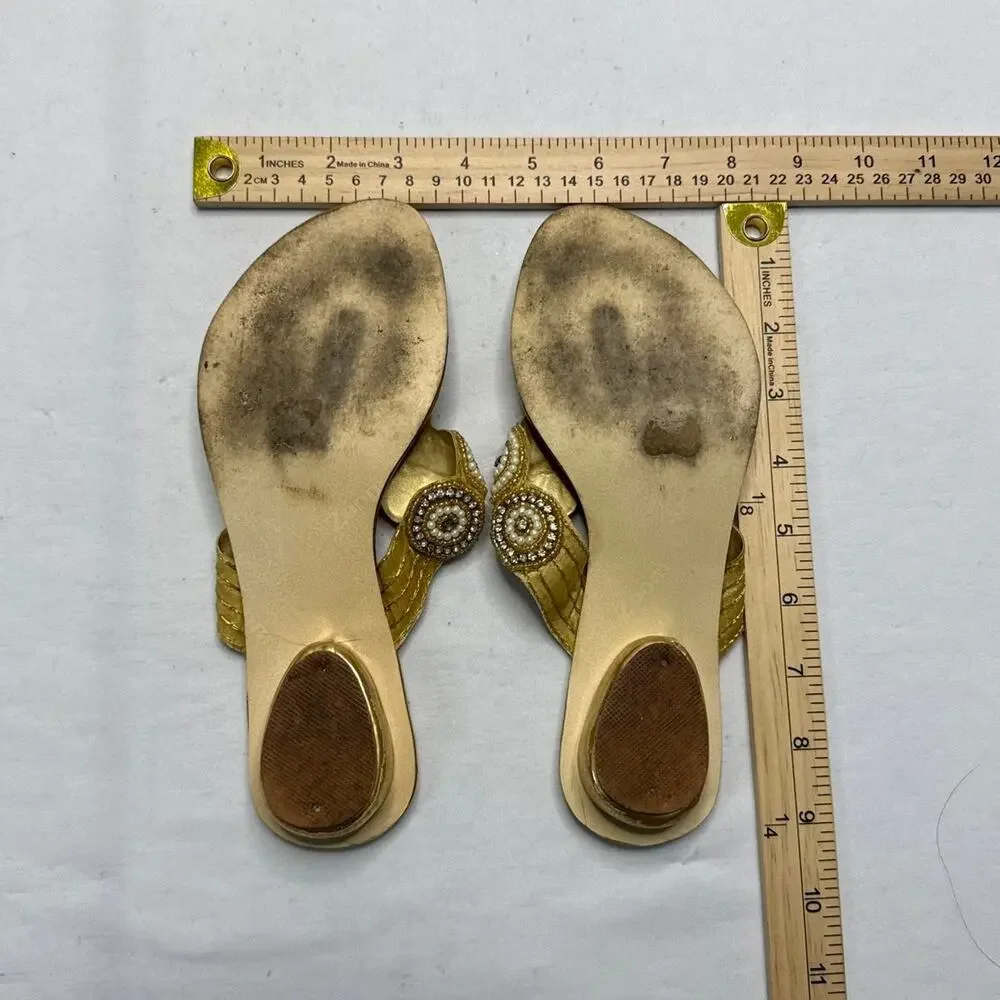 Y2K Gold Beaded Heel Sandals with Black Beaded Swirl Design size 6 kitten heel